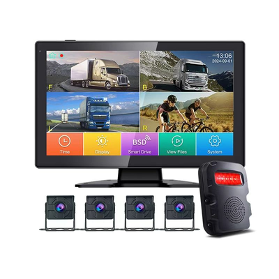 Système de surveillance de caméra de tableau de bord de camion IPS à 4 canaux de 10 pouces, caméra de recul AI avec détection d'angle mort BSD pour véhicule commercial